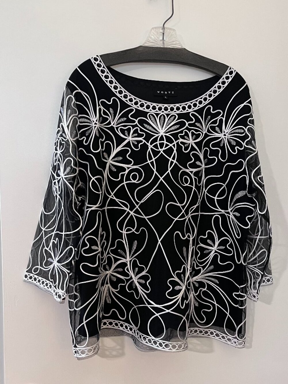 Layered dress-up top with white embroidery on sheer black XL